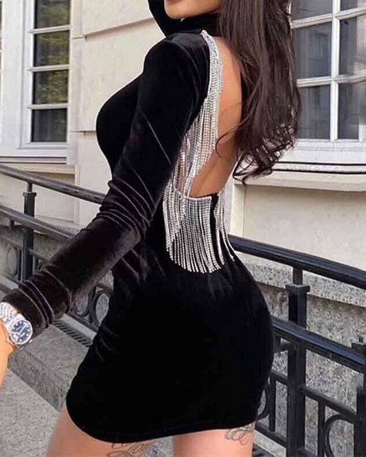 Velvet Rhinestone Tassel Design Backless Party Dress