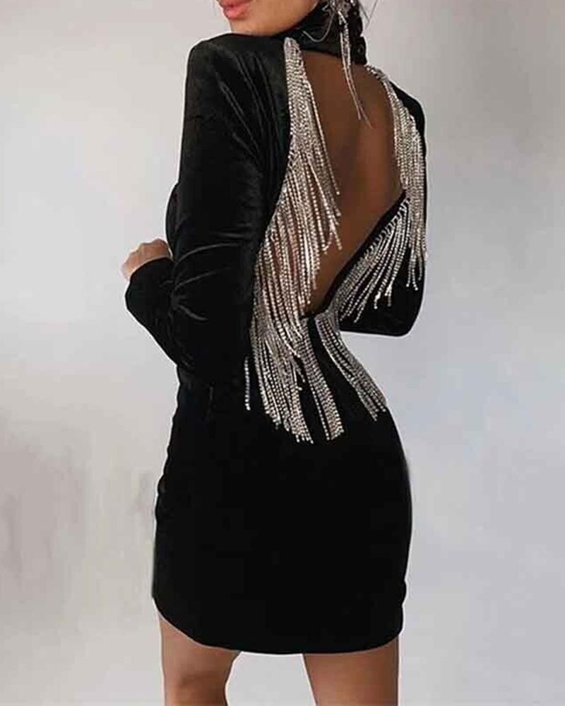 Velvet Rhinestone Tassel Design Backless Party Dress