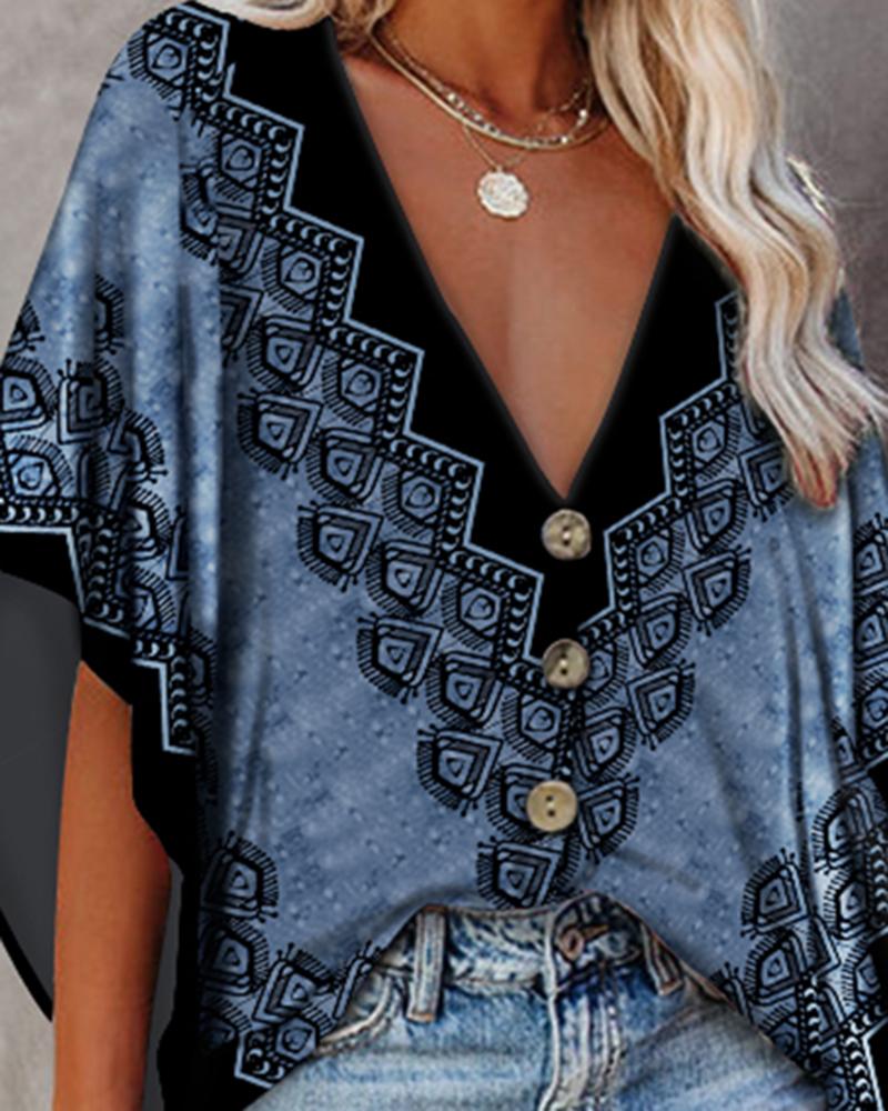 Tribal Print Batwing Sleeve Button Front Top