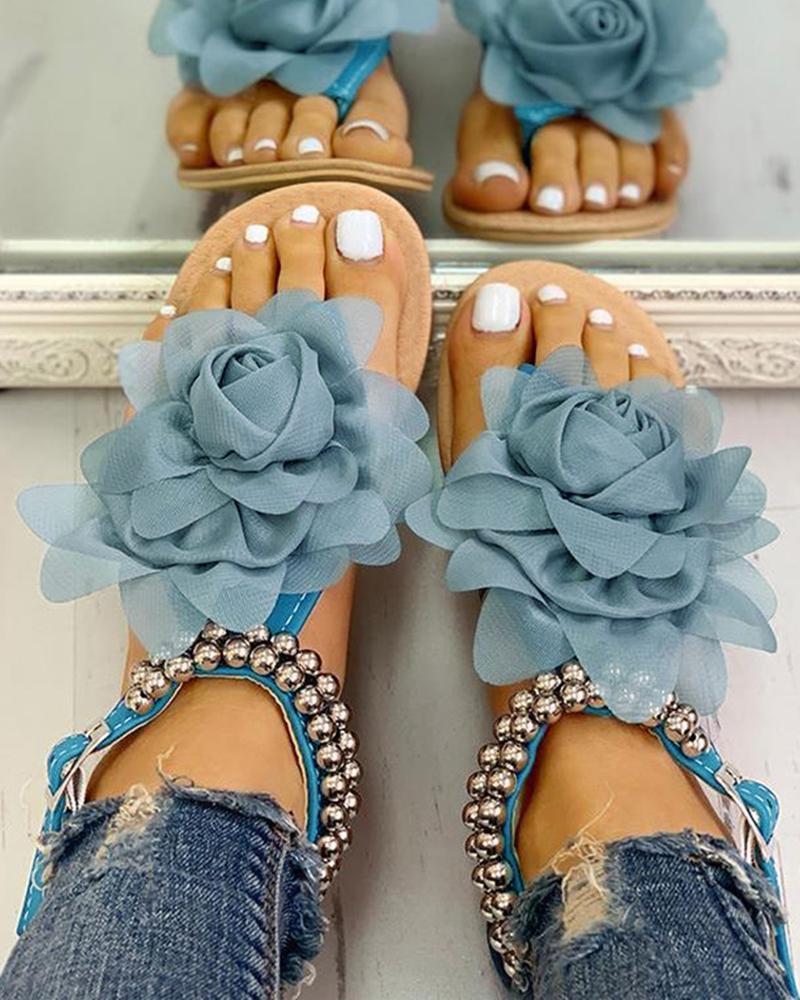 Mesh Floral Embellished Beaded Flat Sandals