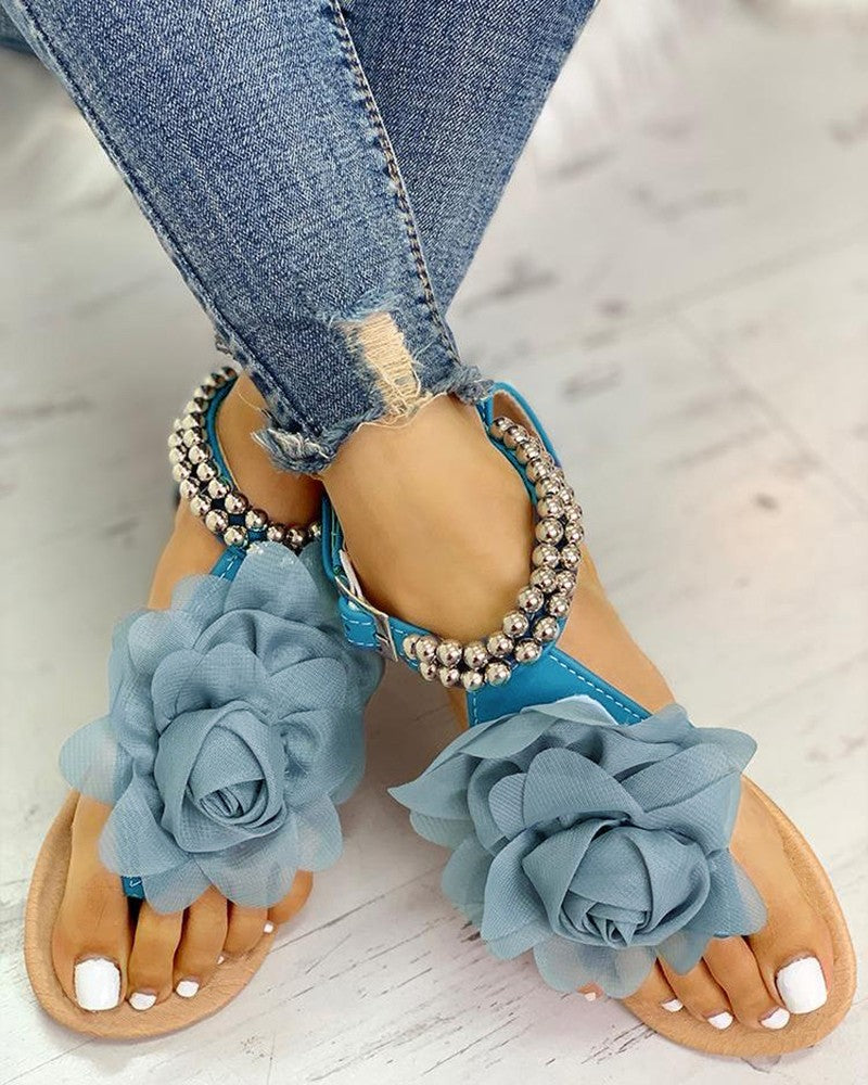 Mesh Floral Embellished Beaded Flat Sandals