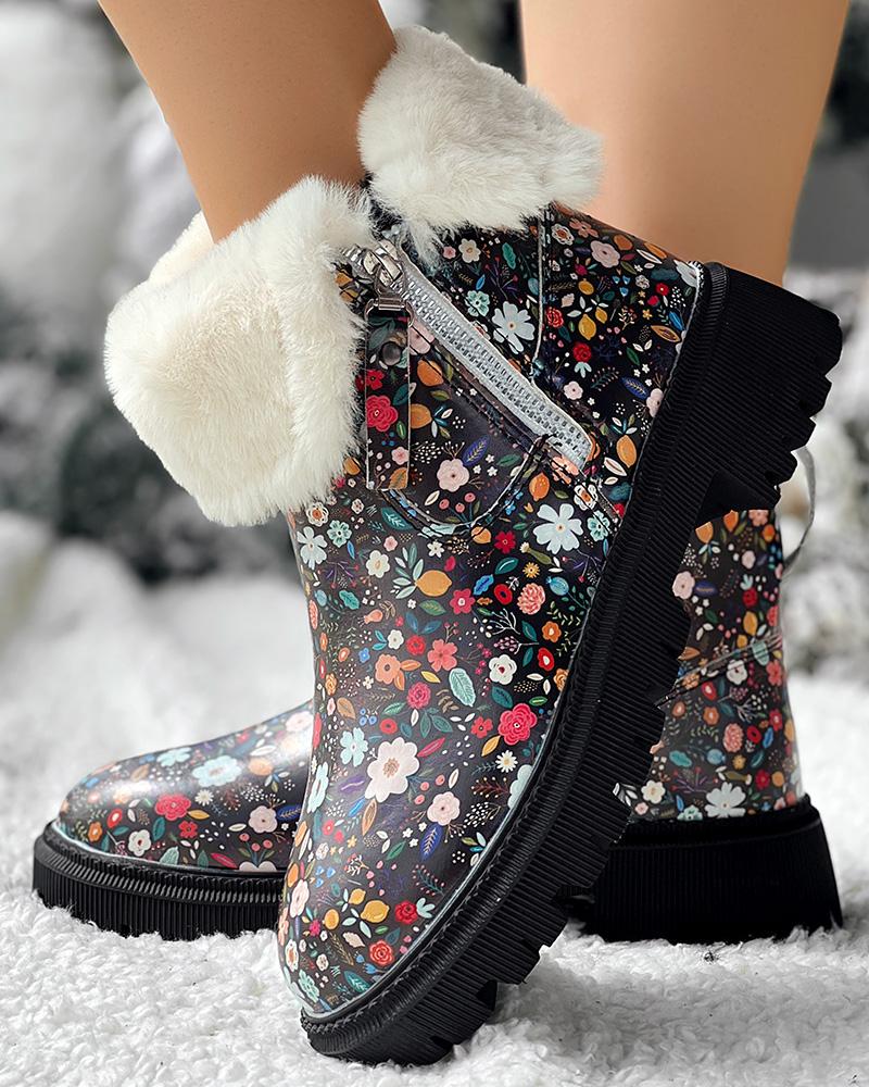 Floral Cow Print Platform Fuzzy Detail Lined Ankle Boots