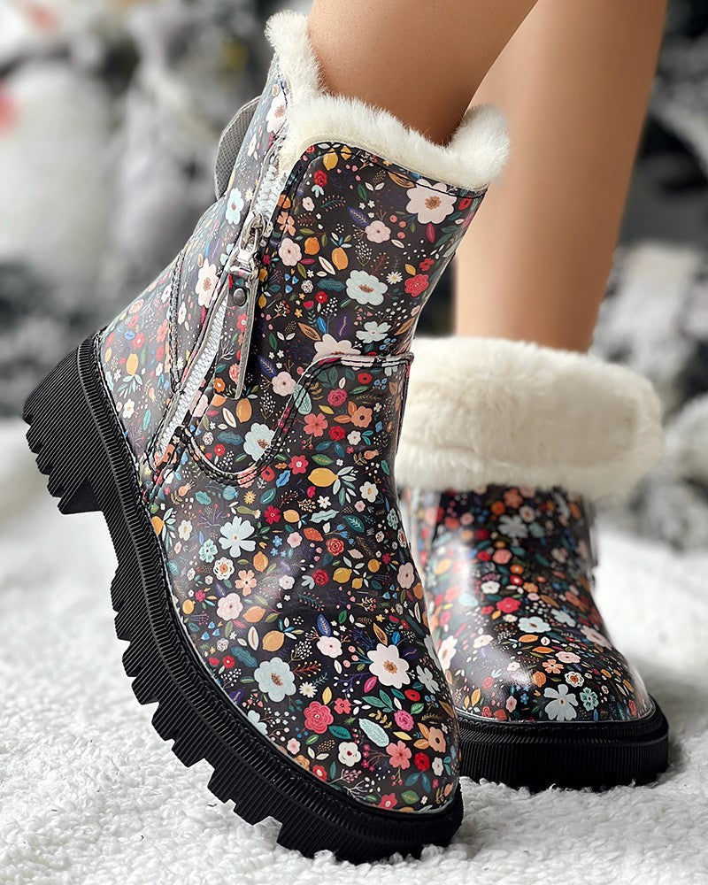 Floral Cow Print Platform Fuzzy Detail Lined Ankle Boots