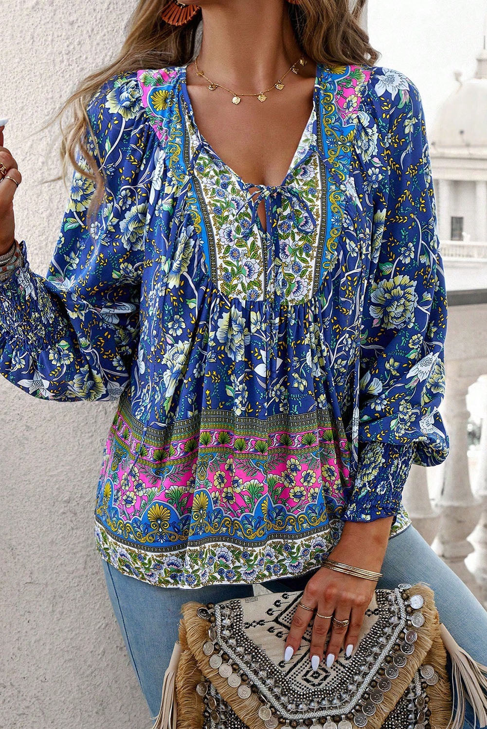 Yellow Floral Print Tie Neck Lantern Sleeve Blouse