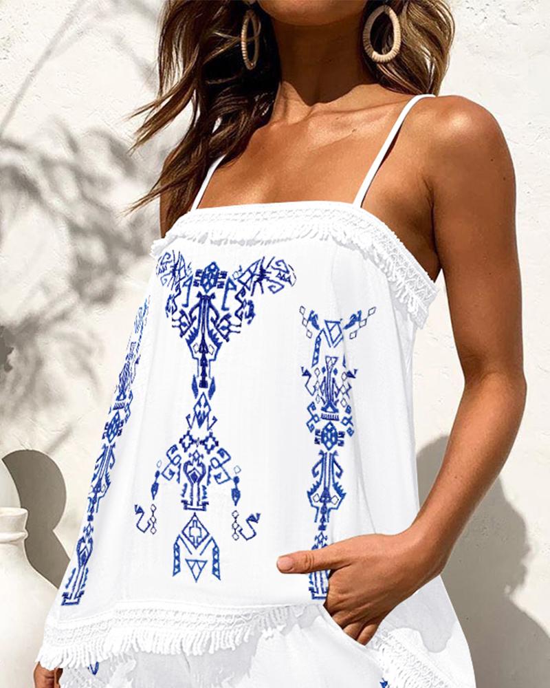 Tribal Print Tassel Trim Cami Top & Shorts Set