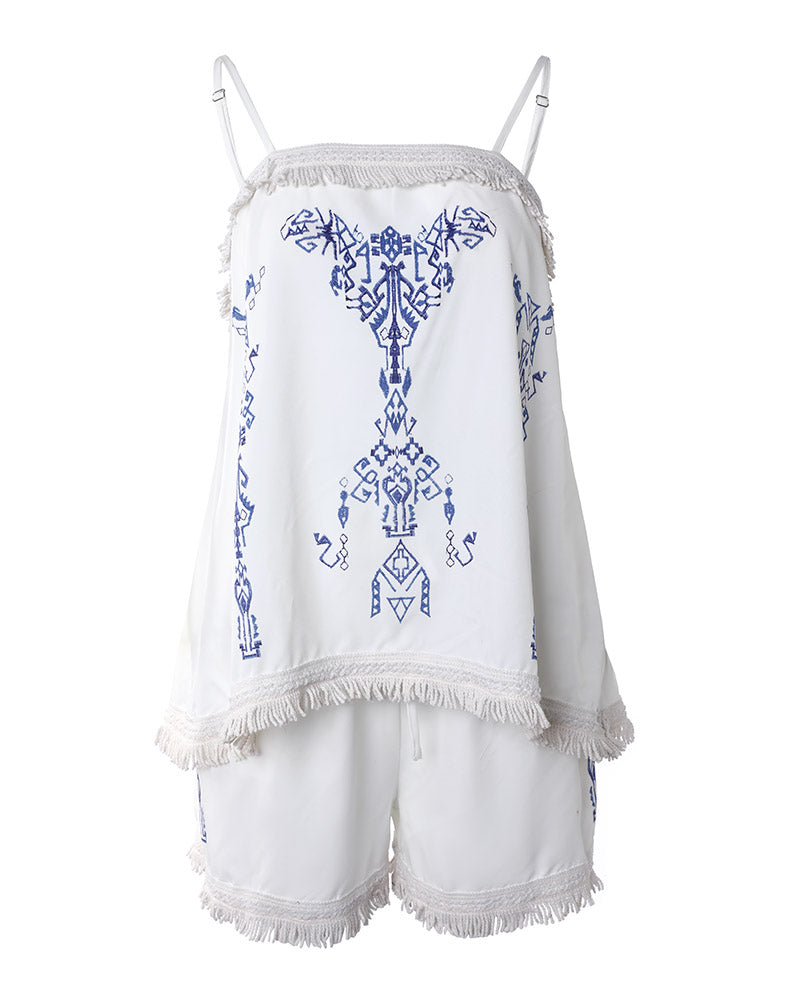 Tribal Print Tassel Trim Cami Top & Shorts Set