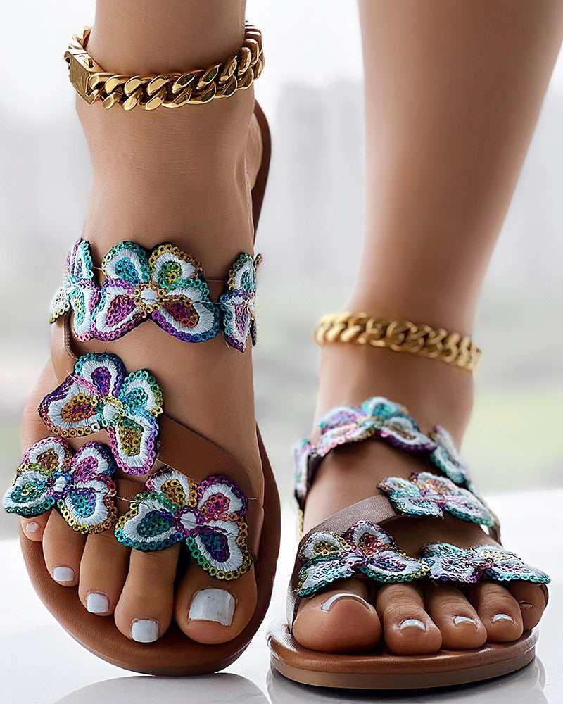 Sequin Butterfly Embroidery Slippers Summer Sandals