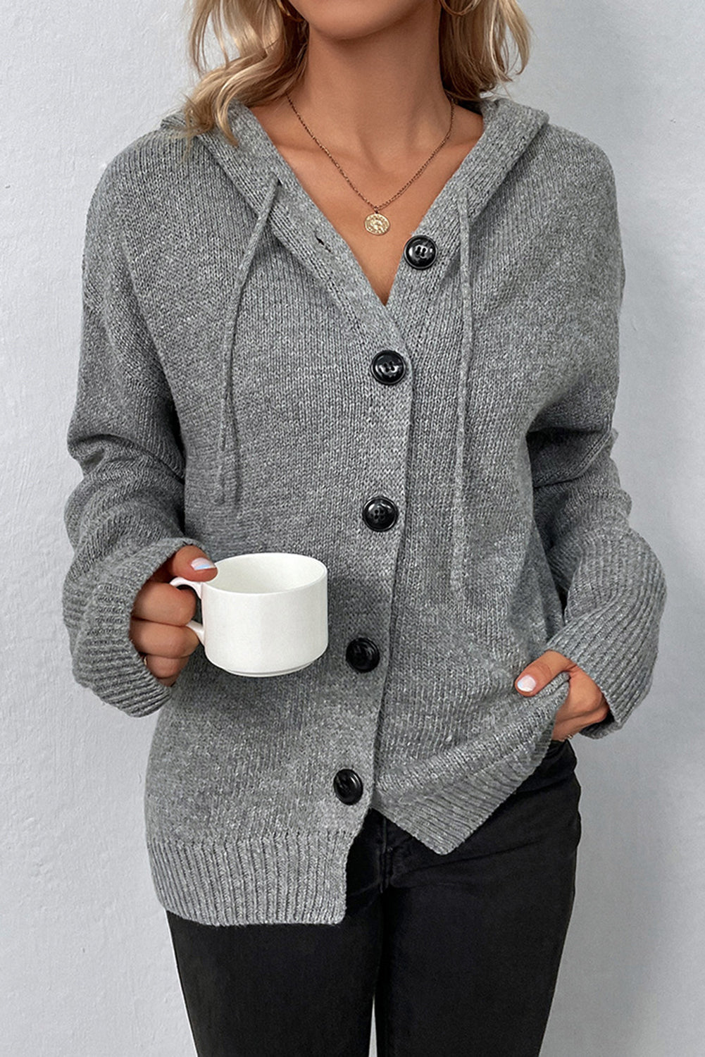 Medium Grey Drawstring Hooded Button Up Drop Shoulder Sweater Cardigan