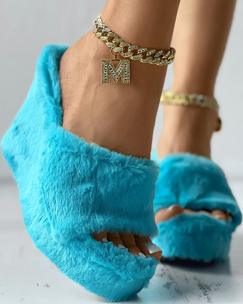 One Strap Fuzzy Wedge Slippers