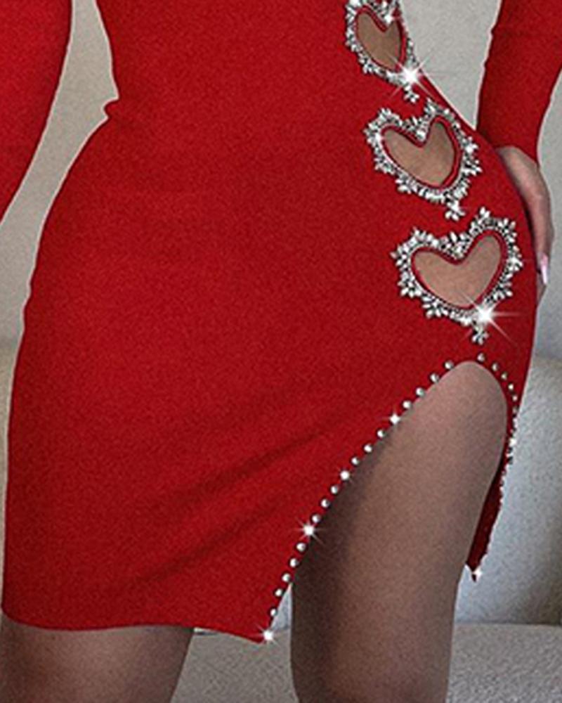 Hollow Heart Pattern Rhinestone Bodycon Dress