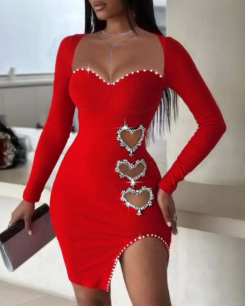 Hollow Heart Pattern Rhinestone Bodycon Dress