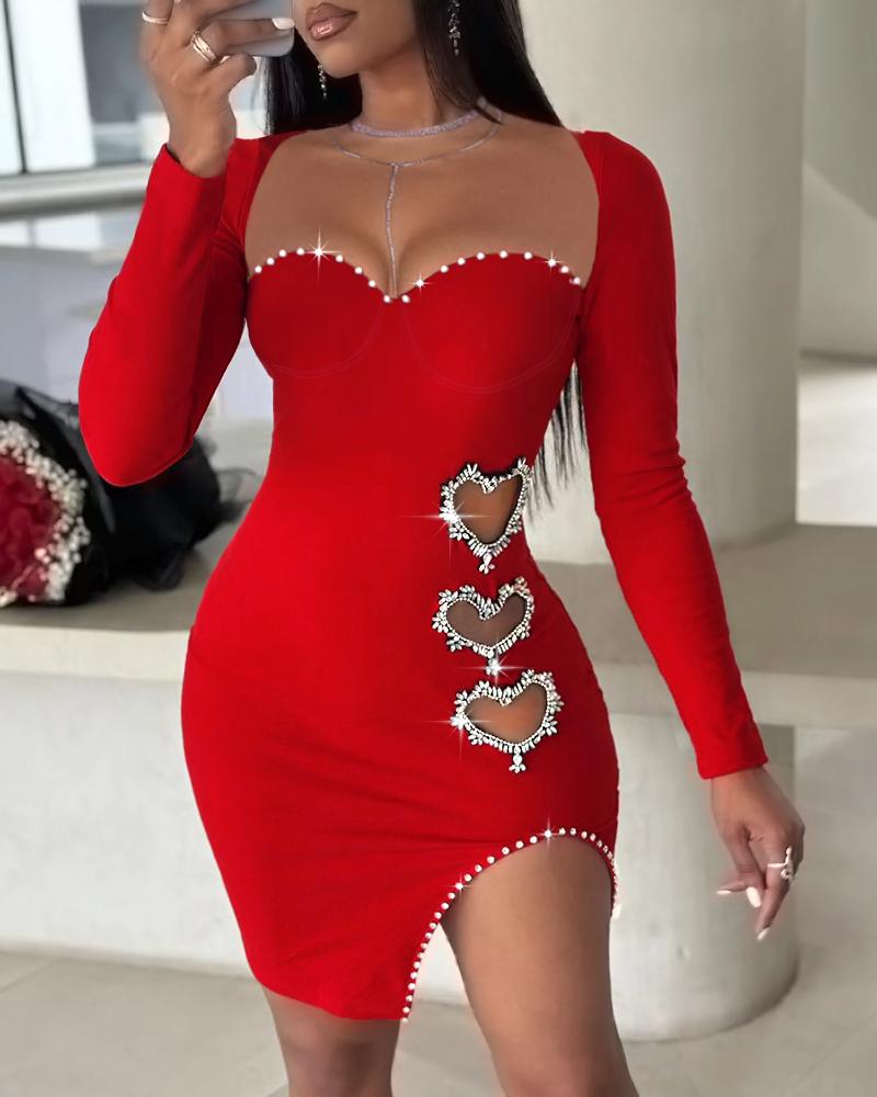 Hollow Heart Pattern Rhinestone Bodycon Dress