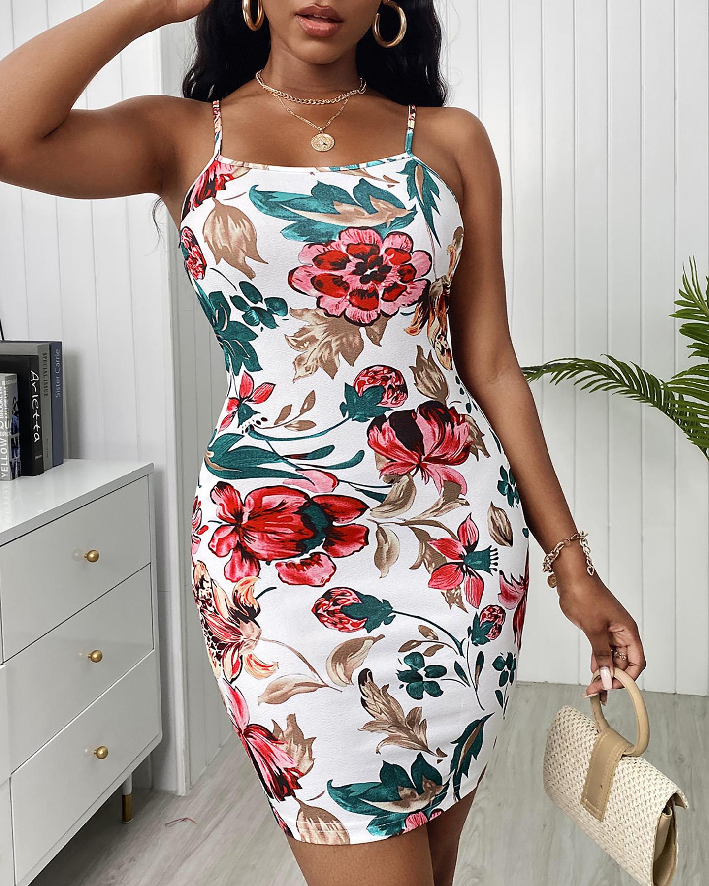 Spaghetti Strap Backless Floral Print Dress