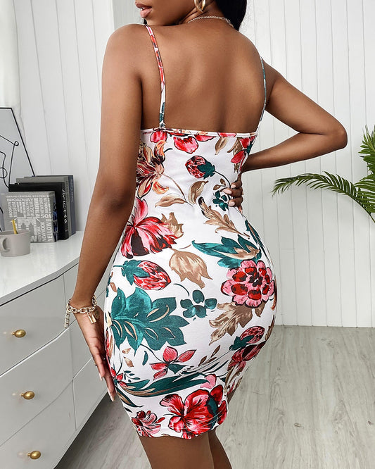 Spaghetti Strap Backless Floral Print Dress