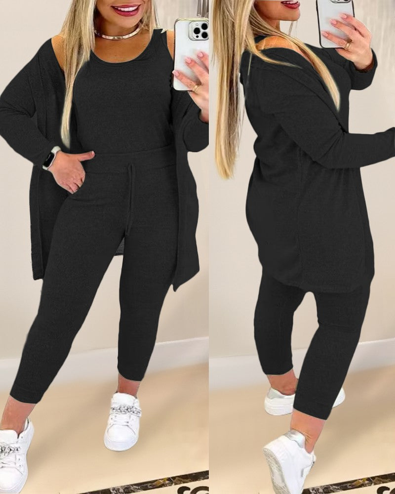 Plus Size Round Neck Tank Top & Drawstring Pants Set With Coat