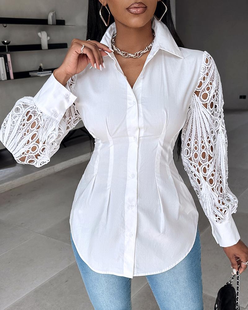 Lantern Sleeve Eyelet Embroidery Top