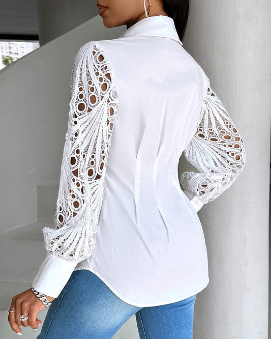 Lantern Sleeve Eyelet Embroidery Top