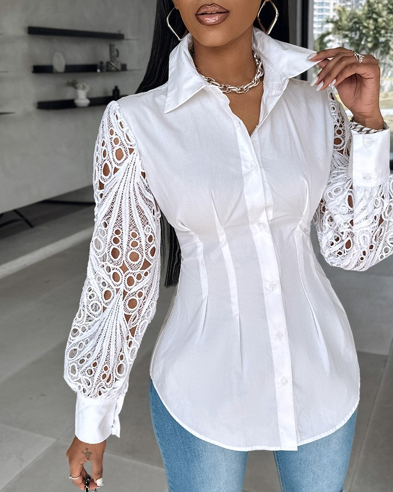 Lantern Sleeve Eyelet Embroidery Top