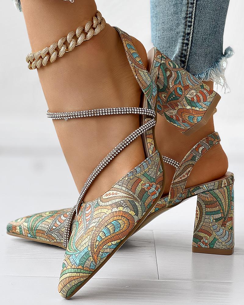 Vintage Paisley Floral Print Rhinestone Chunky Heel Pumps