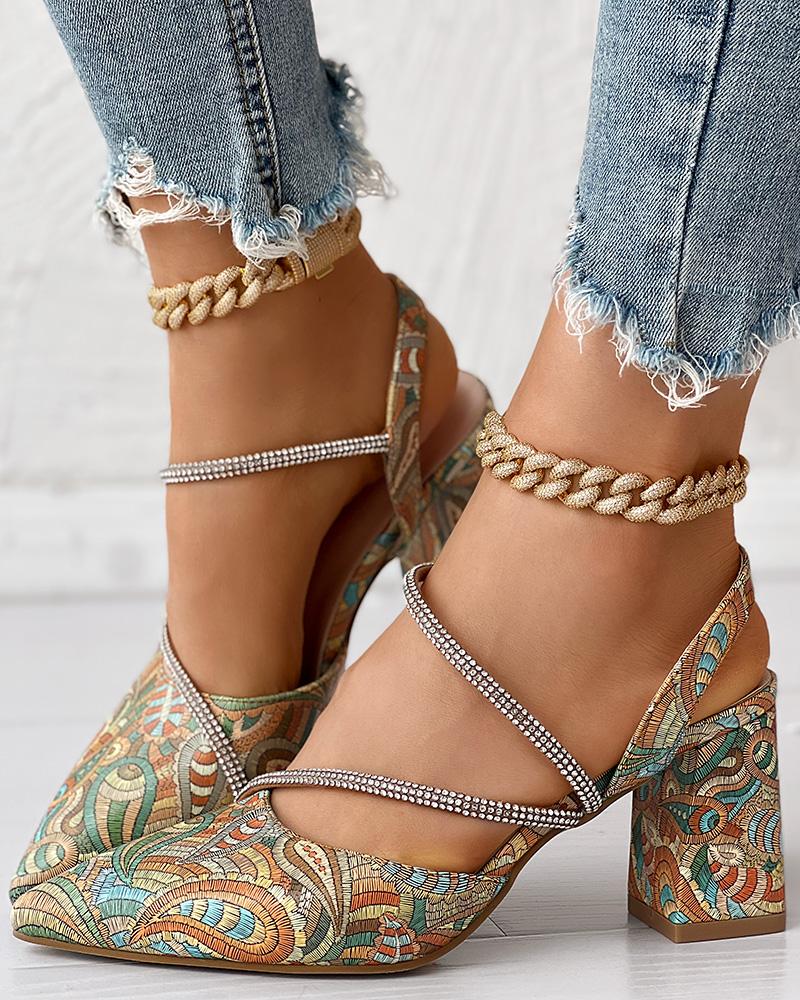 Vintage Paisley Floral Print Rhinestone Chunky Heel Pumps