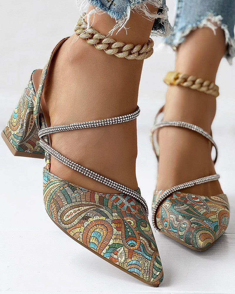 Vintage Paisley Floral Print Rhinestone Chunky Heel Pumps