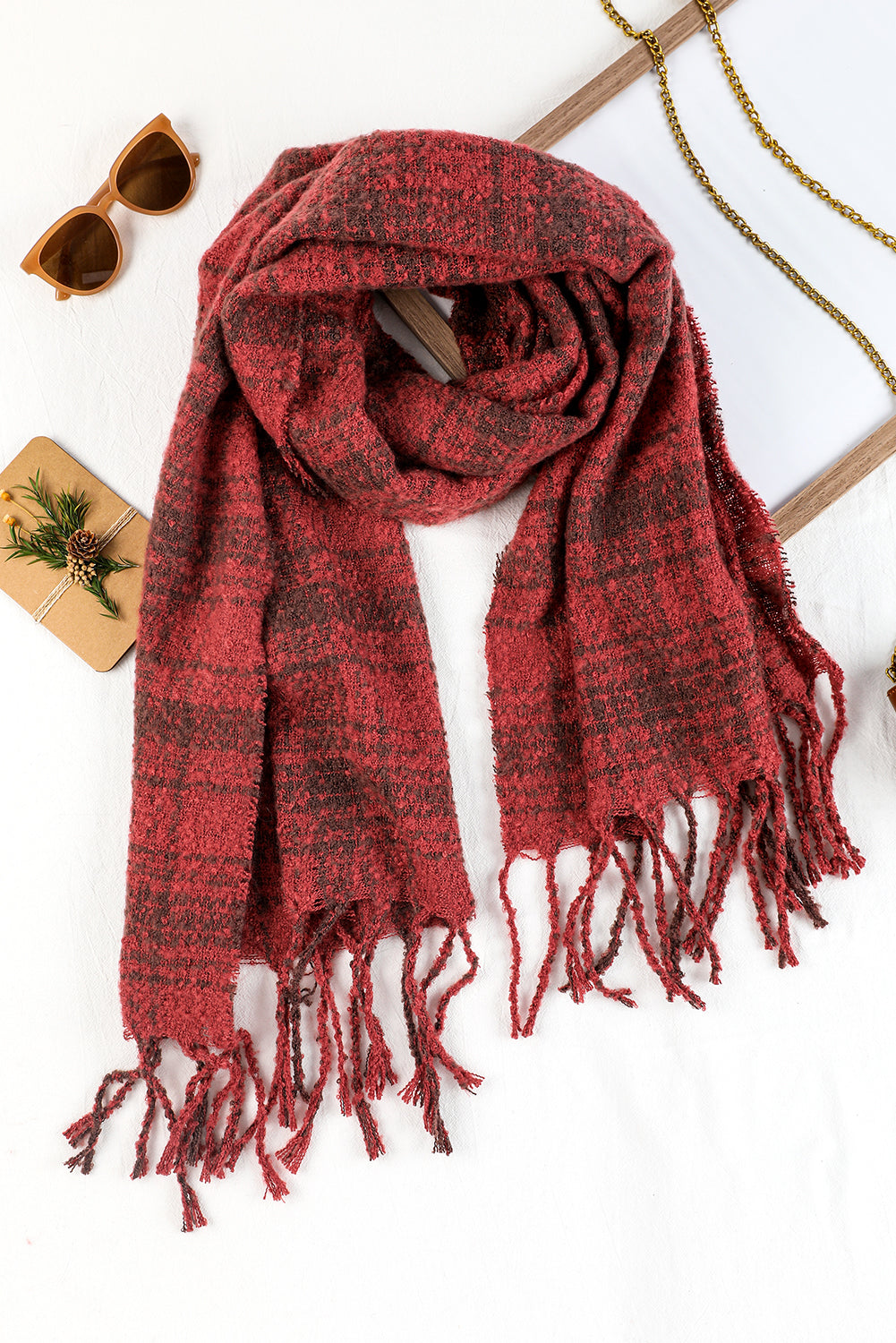 Red Dahlia Plaid Tassel Edge Warm Scarf