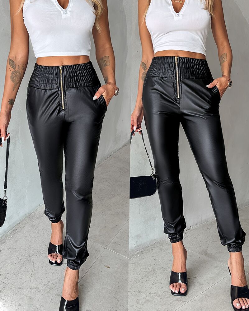 PU Leather Zipper Detail High Waist Cuffed Pants