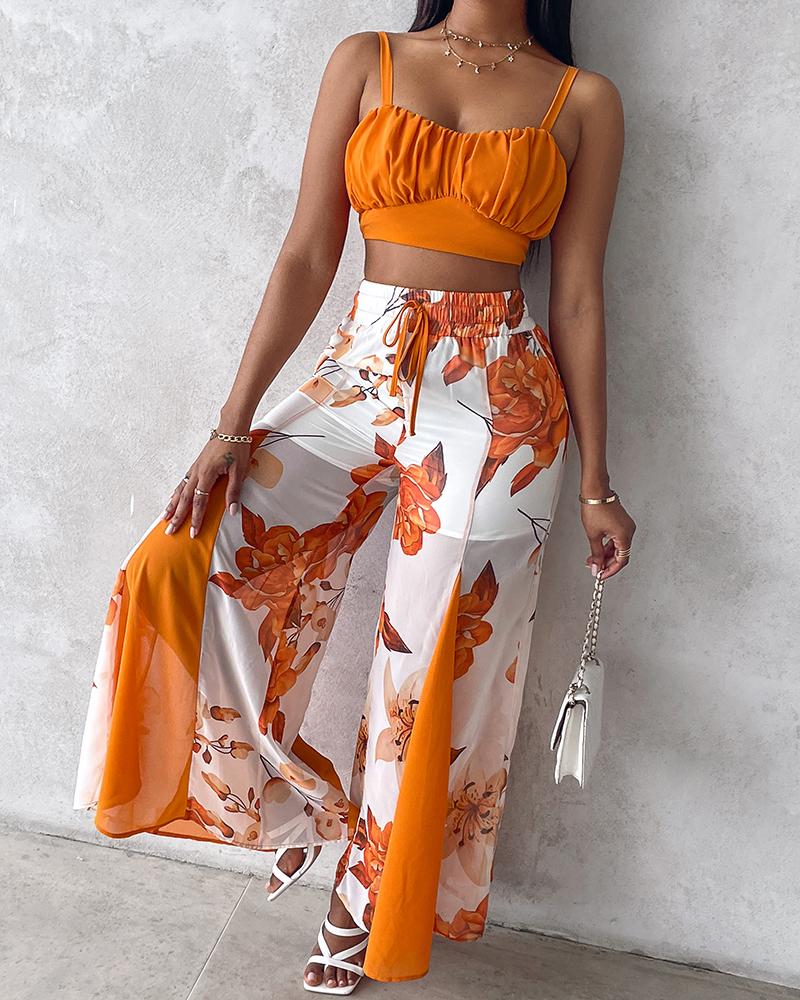 Ruched Cami Top & Floral Print Drawstring Wide Leg Pants Set