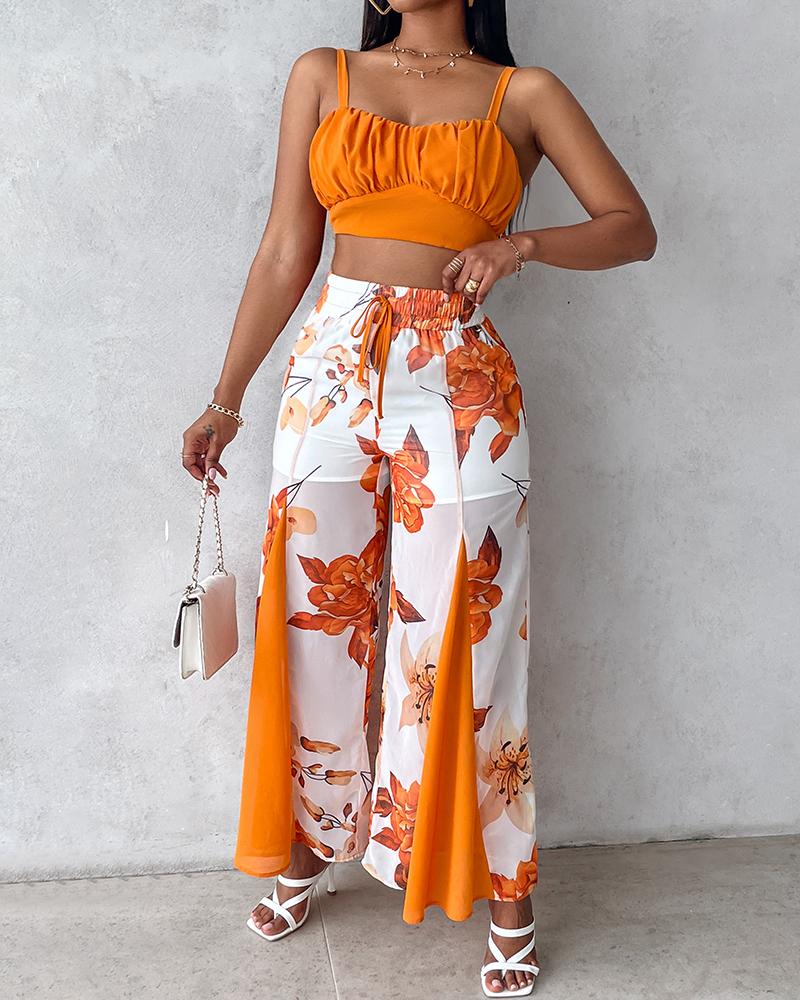 Ruched Cami Top & Floral Print Drawstring Wide Leg Pants Set