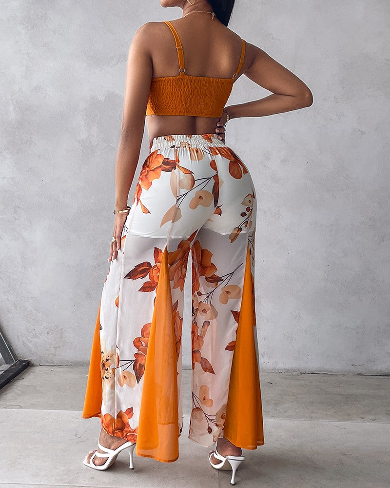 Ruched Cami Top & Floral Print Drawstring Wide Leg Pants Set