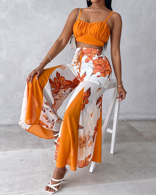 Ruched Cami Top & Floral Print Drawstring Wide Leg Pants Set