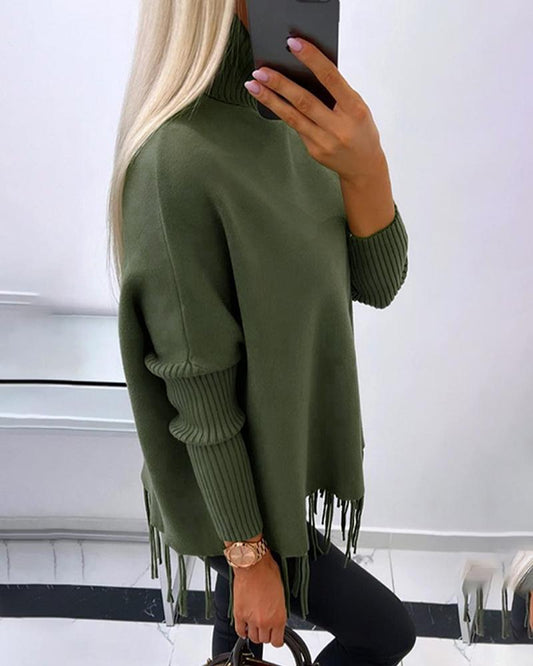 Turtleneck Long Sleeve Tassel Design Knit Sweater