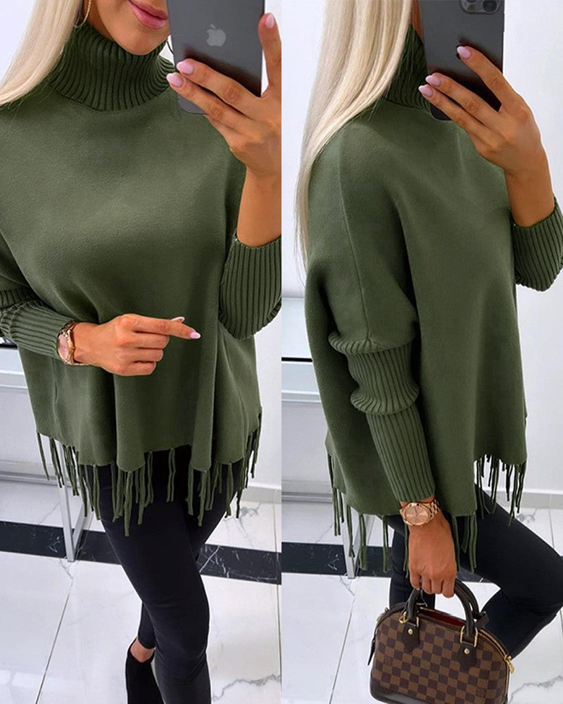 Turtleneck Long Sleeve Tassel Design Knit Sweater