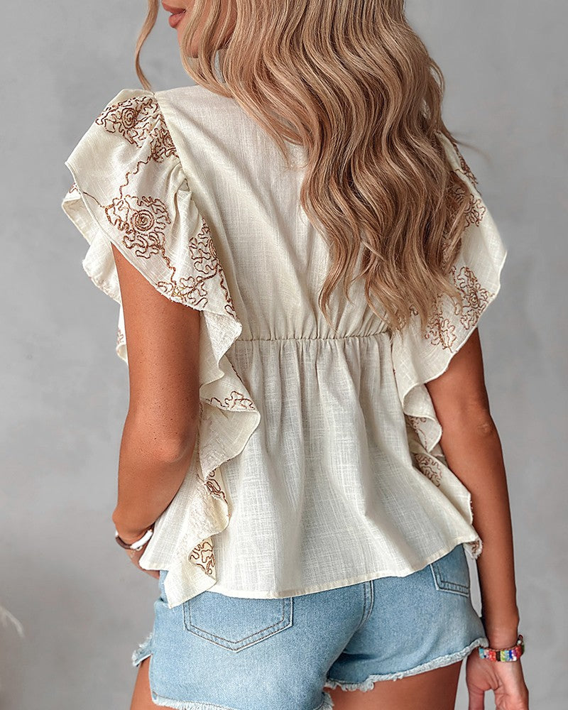 Abstract Floral Embroidery Ruffle Hem Top