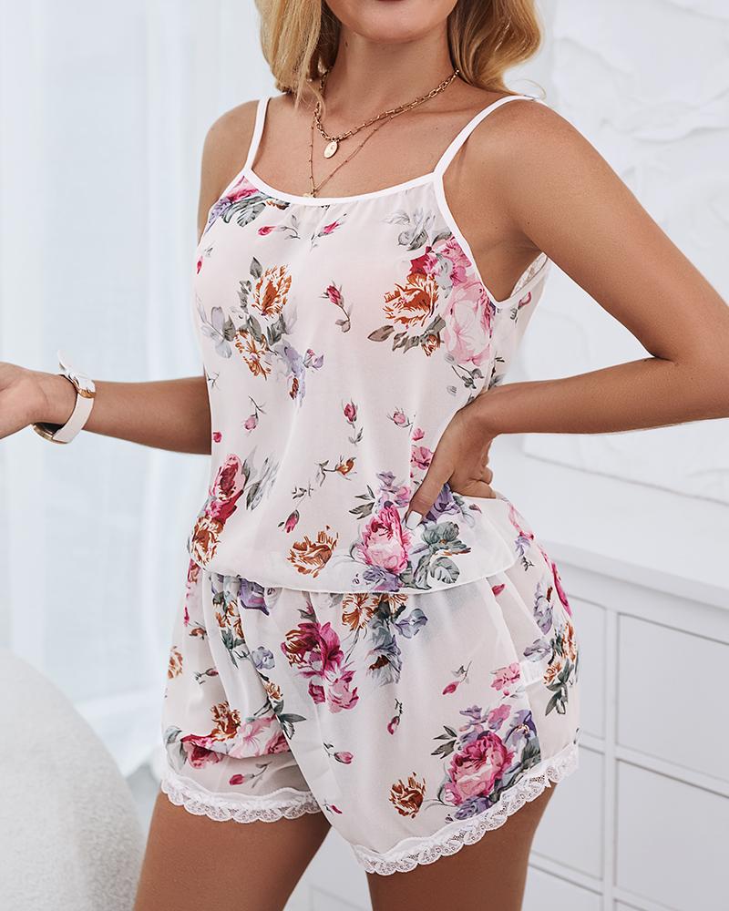 Floral Print Lace Trim Sleep Cami Set