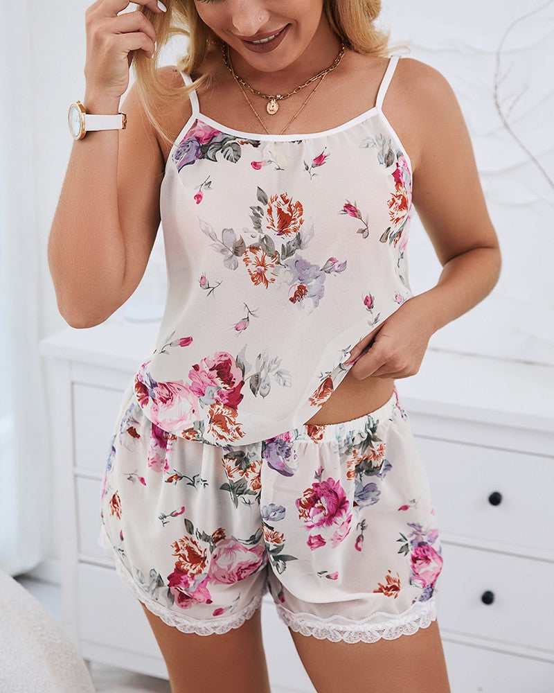 Floral Print Lace Trim Sleep Cami Set