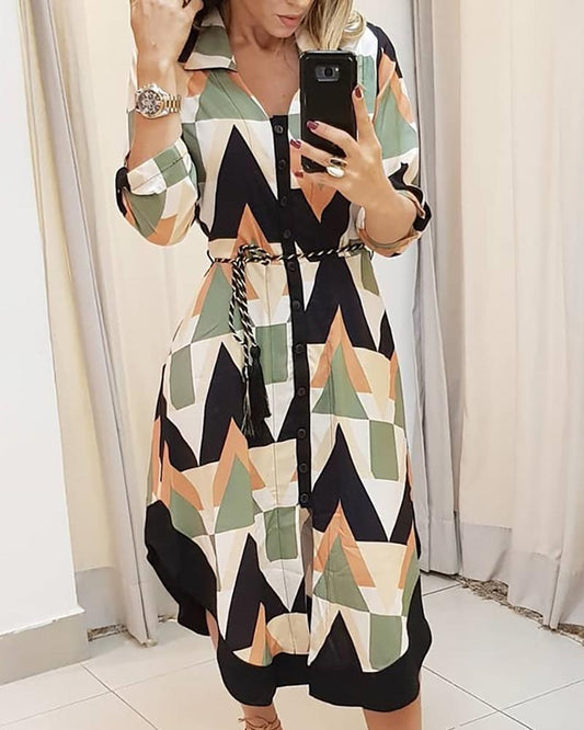 Geo Print Long Sleeve Asymmetrical Shirt Dress