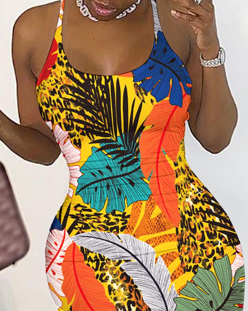 Tropical Print U Neck Bodycon Dress