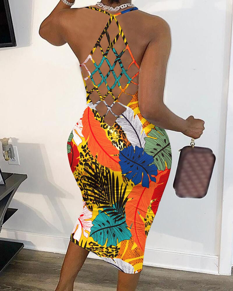 Tropical Print U Neck Bodycon Dress