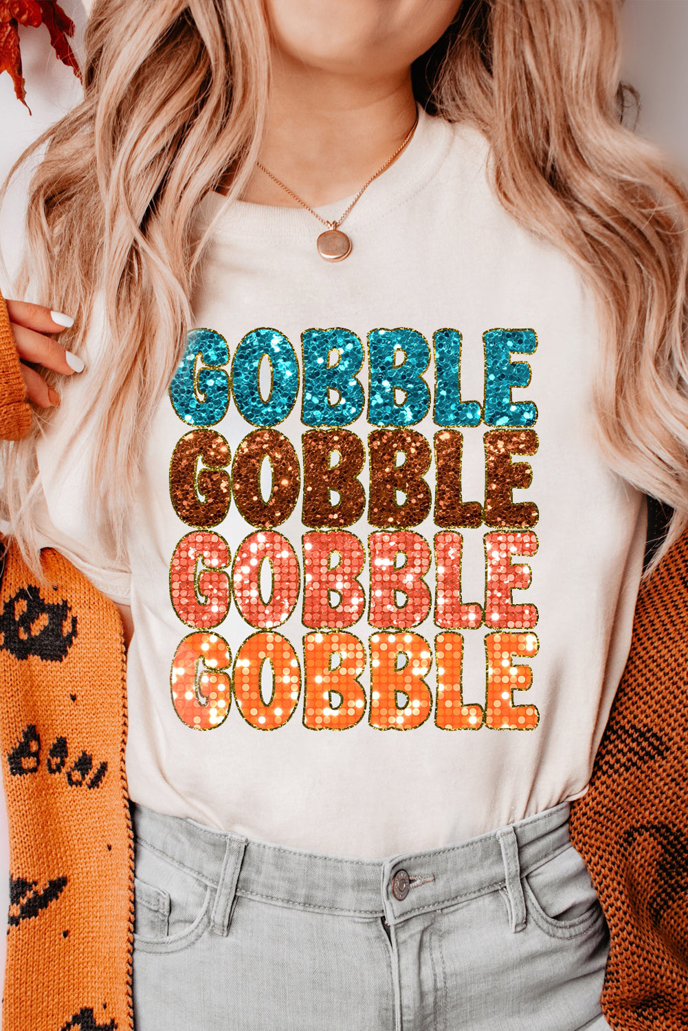 White Glittering GOBBLE Graphic Crewneck Thanksgiving T Shirt