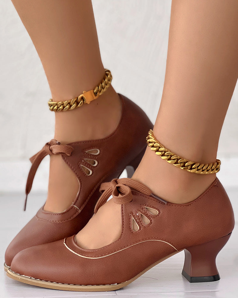 Hollow Out Tied Detail Chunky Heel Pumps