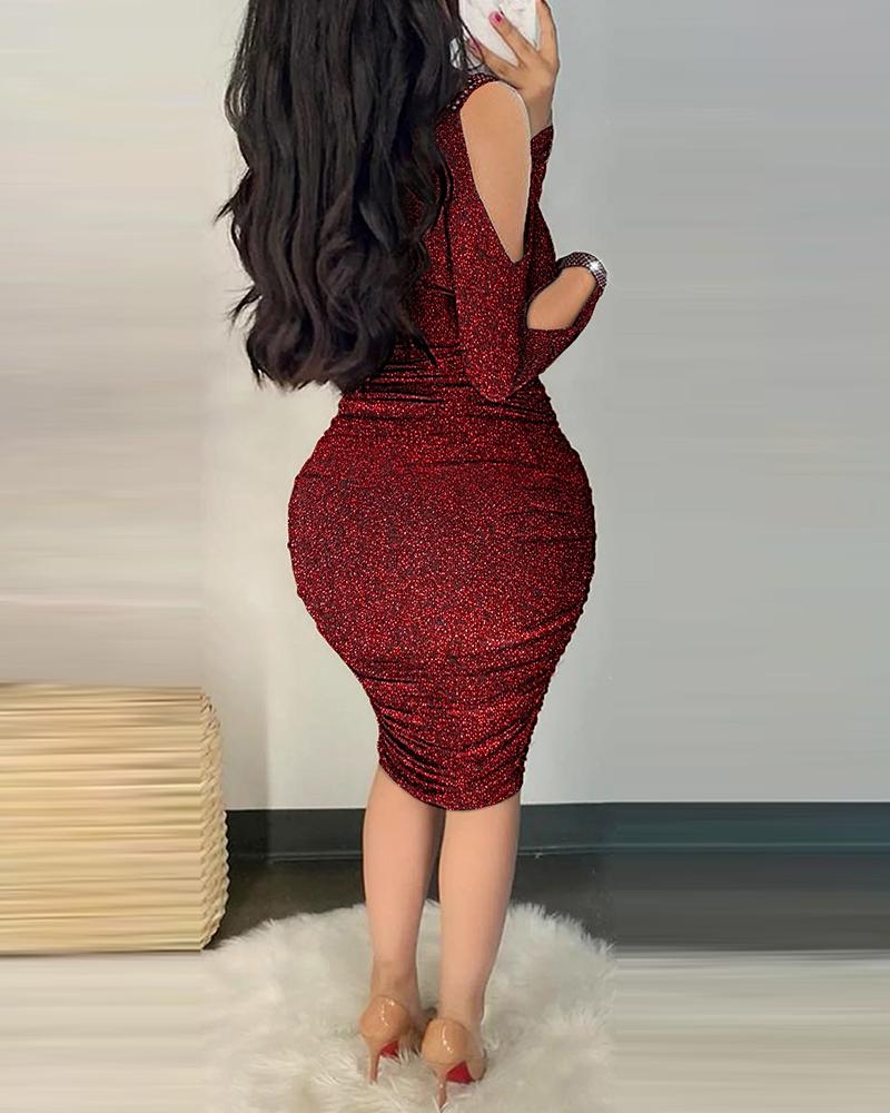 Rhinestone Cold Shoulder Ruched Glitter Bodycon Dress