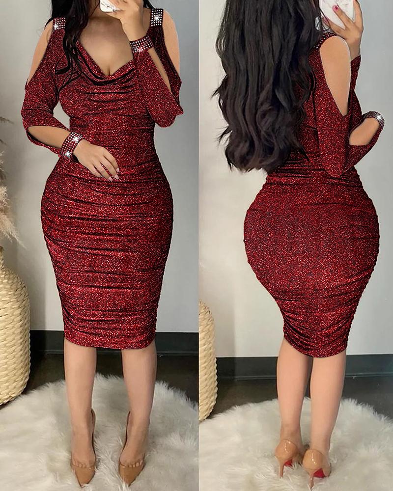 Rhinestone Cold Shoulder Ruched Glitter Bodycon Dress