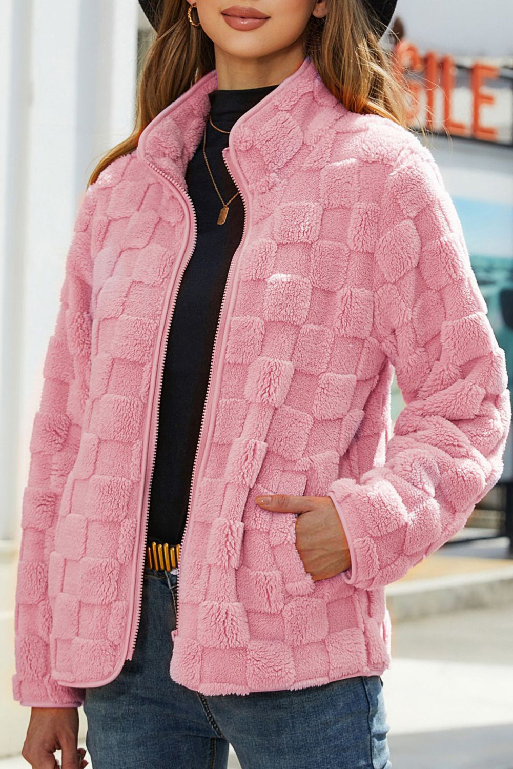 Apricot Solid Checkered Side Pockets Zipper Fleece Jacket