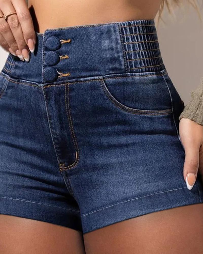 High Waist Buttoned Washed Denim Shorts