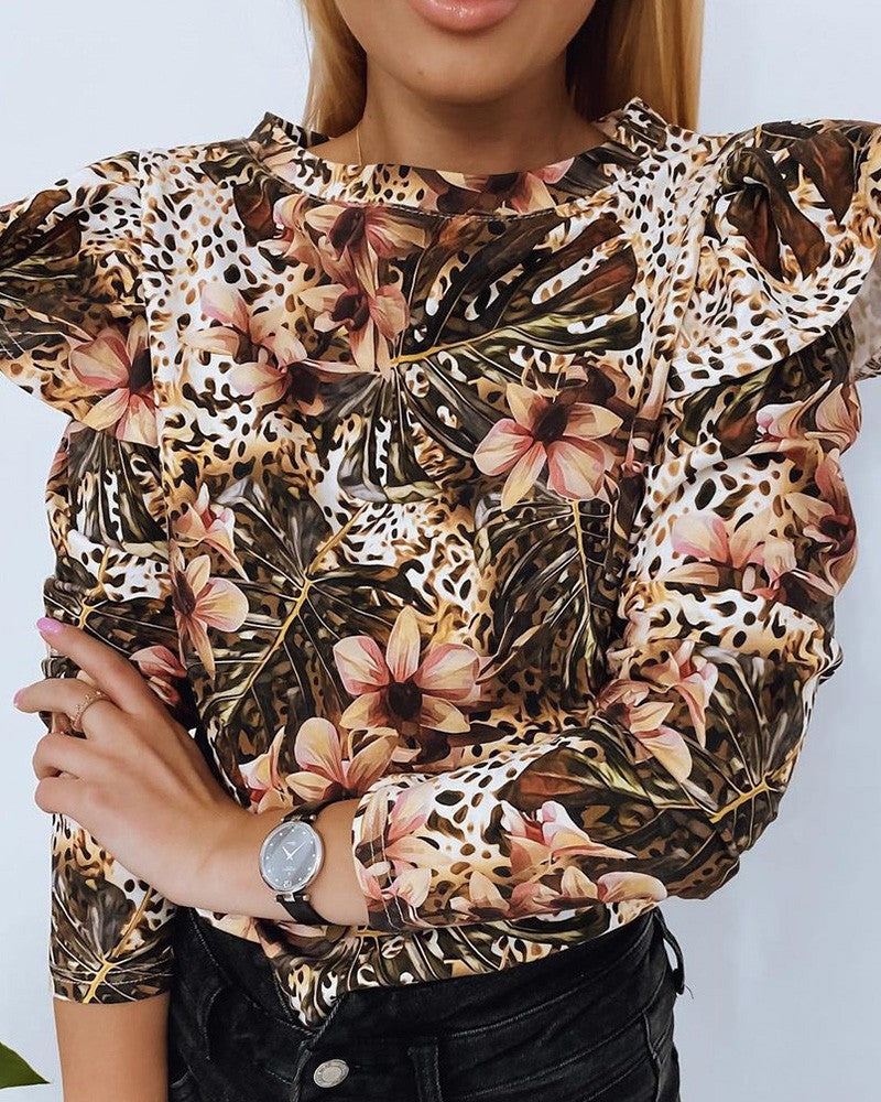 All Over Print O neck Flutter Sleeve Top