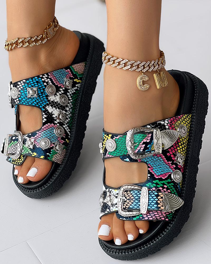 Snakeskin Double Strap Buckled Slippers