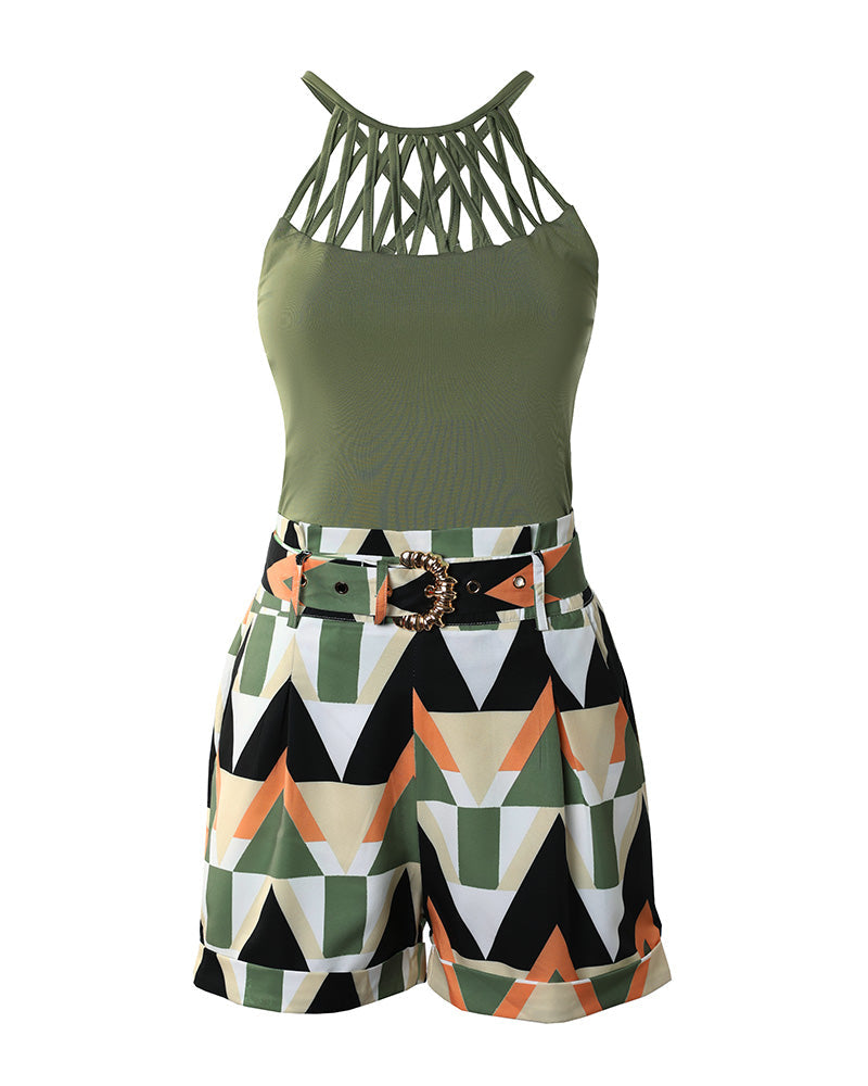 Hollow Out Tank Top & Geo Print Shorts Set With Belt