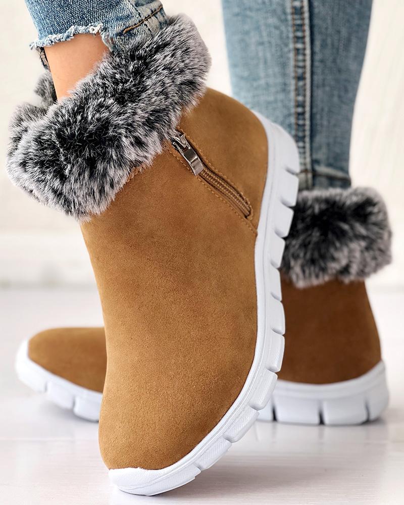 Side Zipper Fuzzy Lined Ankle Boots