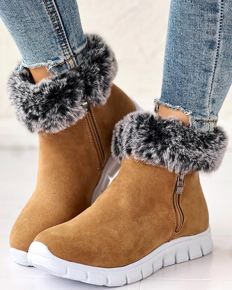 Side Zipper Fuzzy Lined Ankle Boots